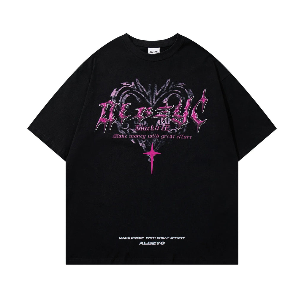 Men's black cotton t-shirt with retro graphic print, loose fit, short sleeves