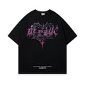 Men's black cotton t-shirt with retro graphic print, loose fit, short sleeves