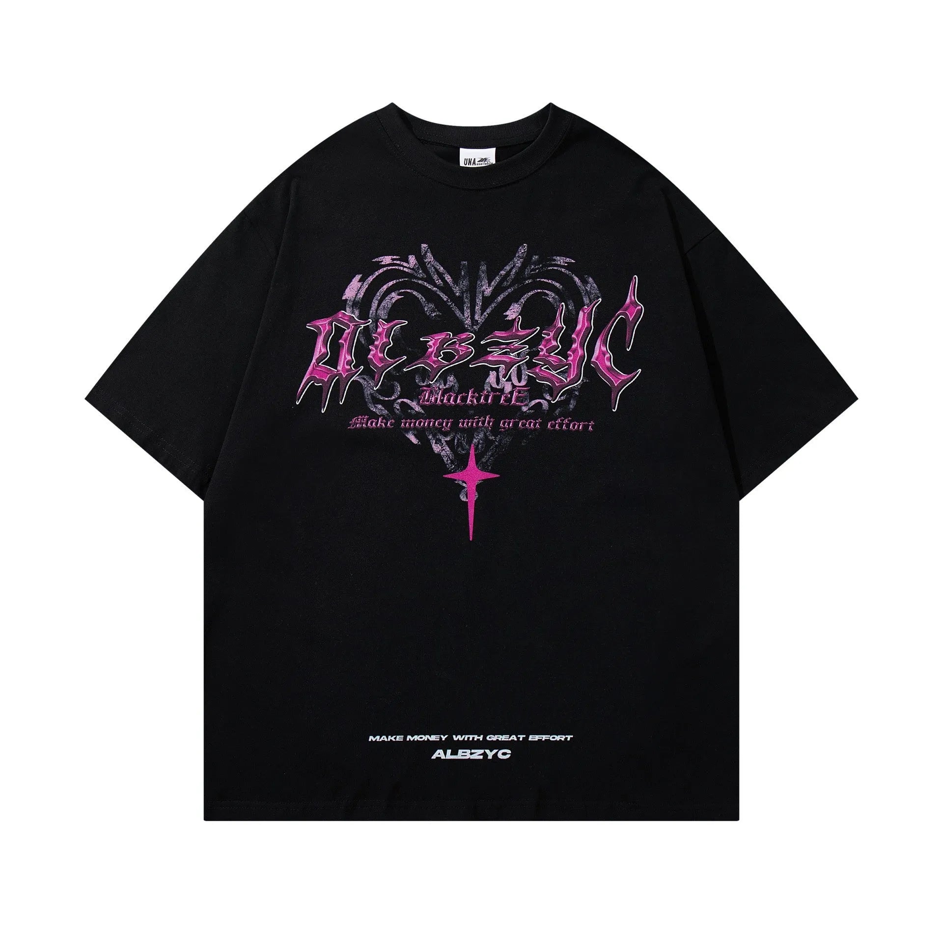 Men's black cotton t-shirt with retro graphic print, loose fit, short sleeves