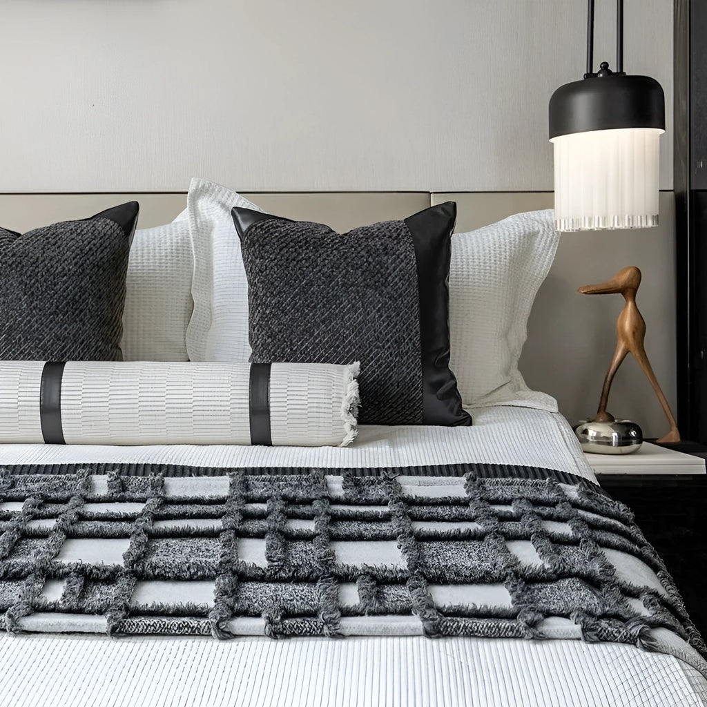 Modern grey and white plaid bed runner set with leather round pillow on 1.5m bed