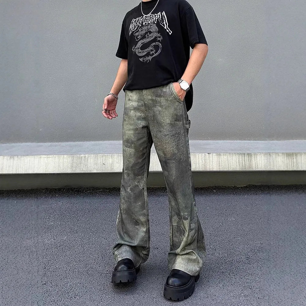 Retro digital camouflage straight leg jeans for men in cotton denim with medium waist