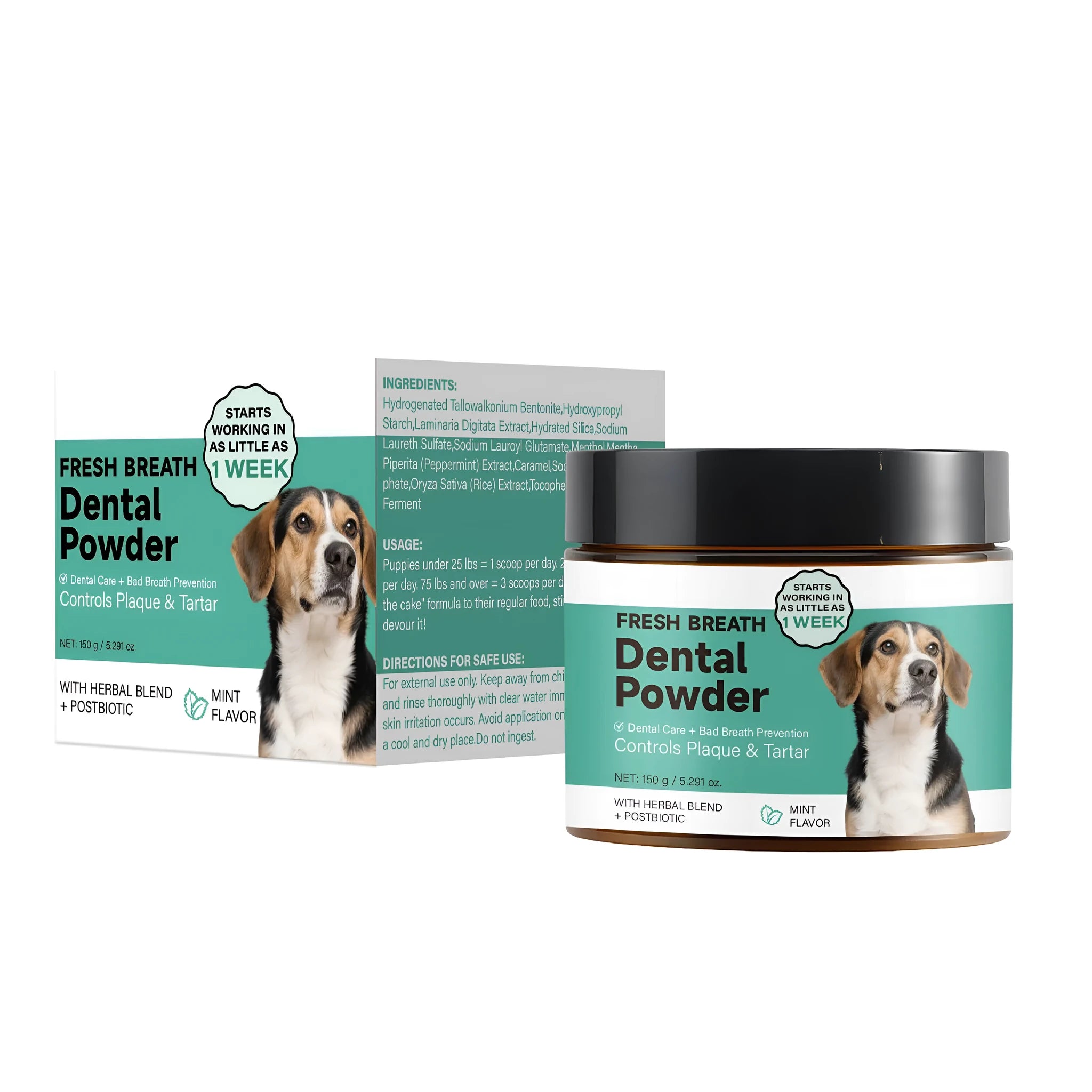 150g container of dog tooth cleaning powder for plaque control and fresh breath