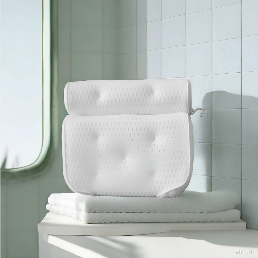 White 3D mesh bathtub pillow with seven suction cups showing dimensions 37x34x10cm