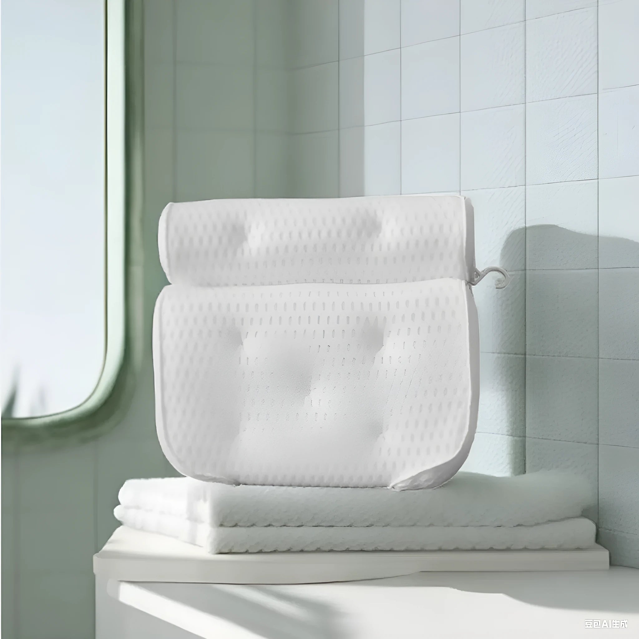 White 3D mesh bathtub pillow with seven suction cups showing dimensions 37x34x10cm