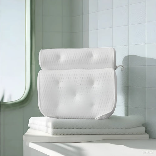 White 3D mesh bathtub pillow with seven suction cups showing dimensions 37x34x10cm