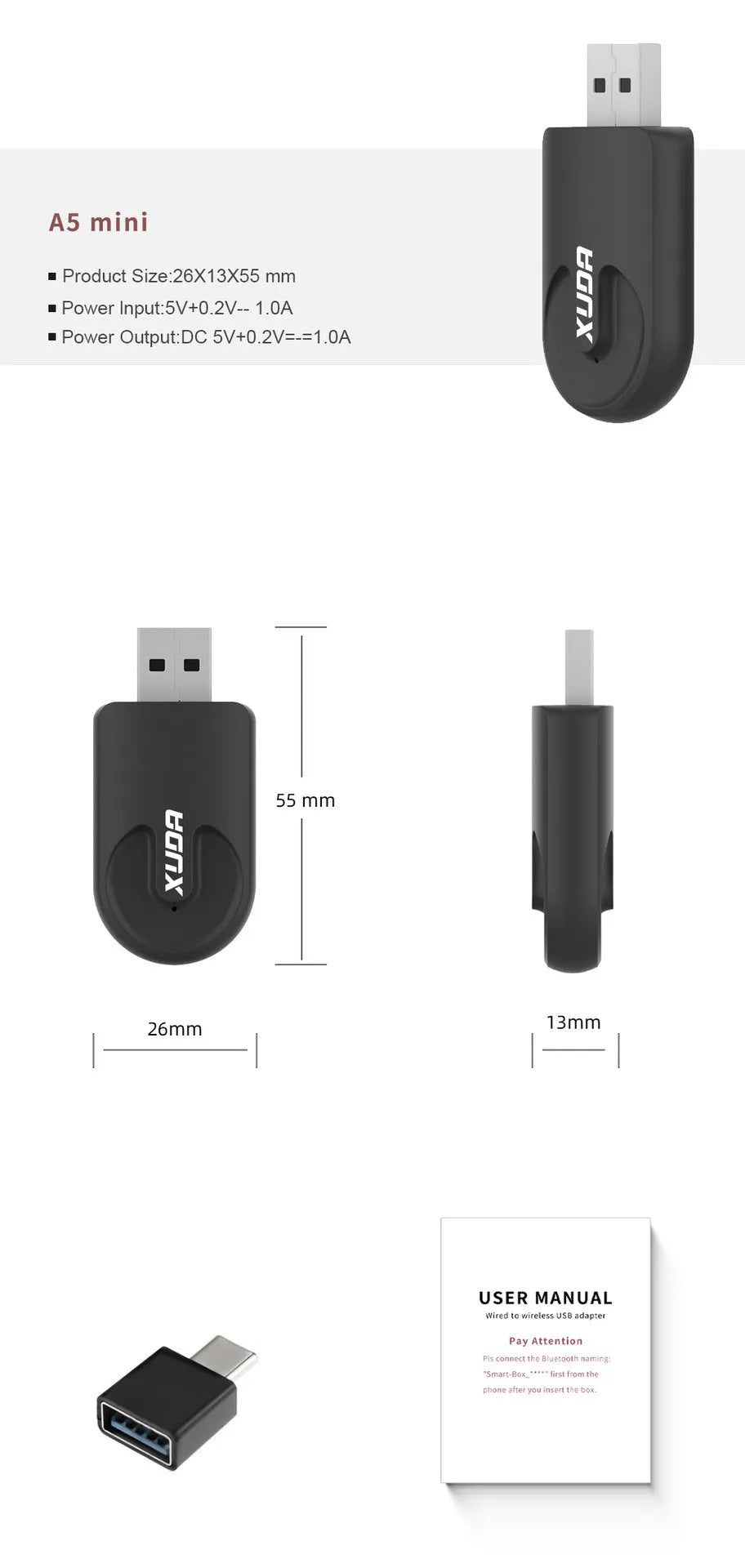 Black mini CarPlay USB wireless adapter measuring 26x55x13mm for vehicle connectivity