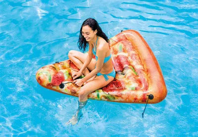 Inflatable pizza slice surfboard float measuring 175cm by 145cm for water lounging