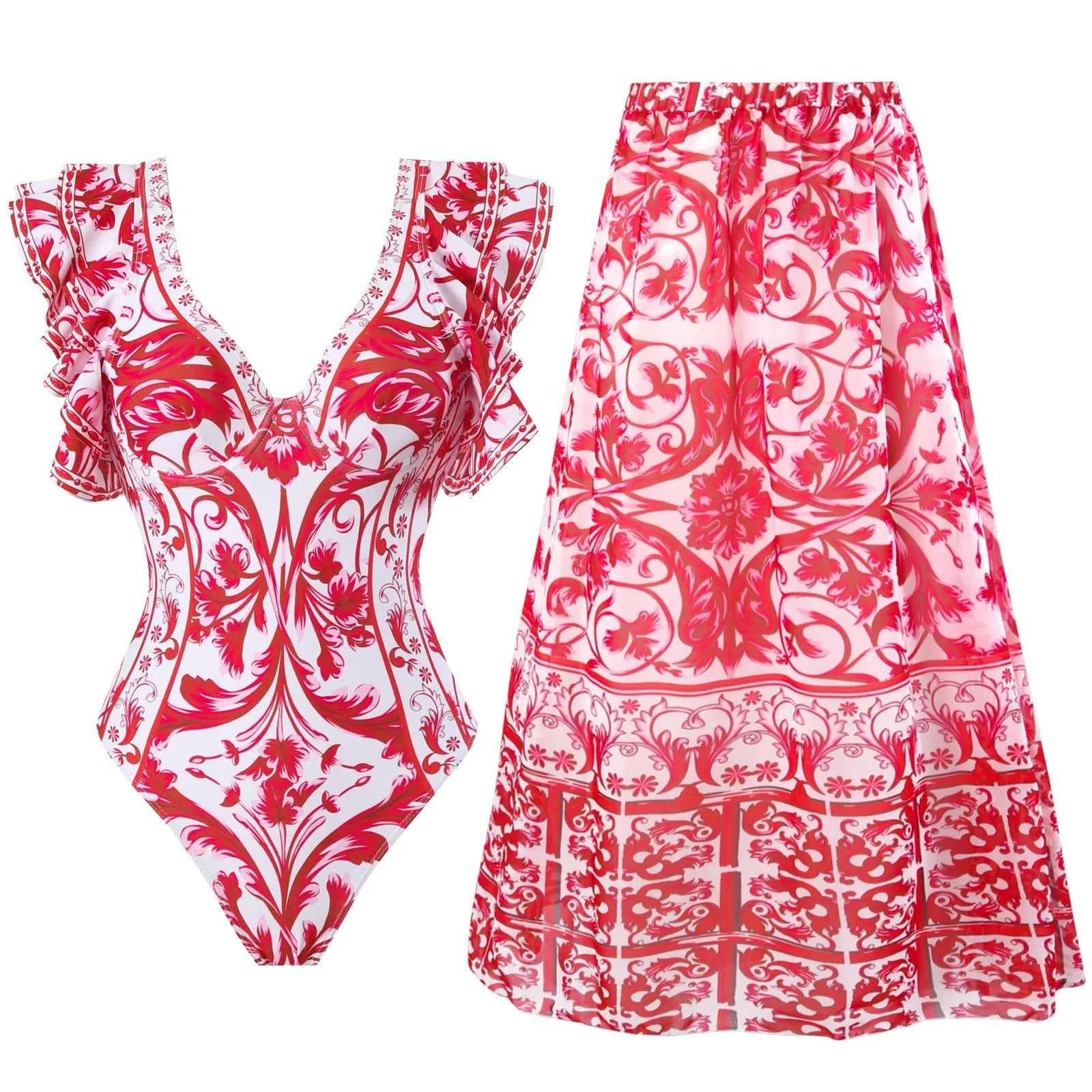 Women's printed one-piece swimsuit with a matching skirt cover-up in a rose pink floral pattern.