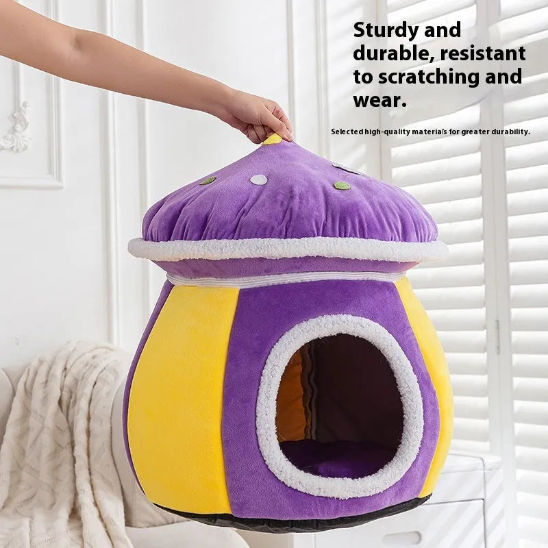 Purple mushroom-shaped plush cat nest bed for pets on a wooden floor
