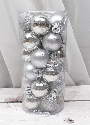 Assorted 3cm diameter electroplated plastic Christmas balls stored in a tall plastic barrel