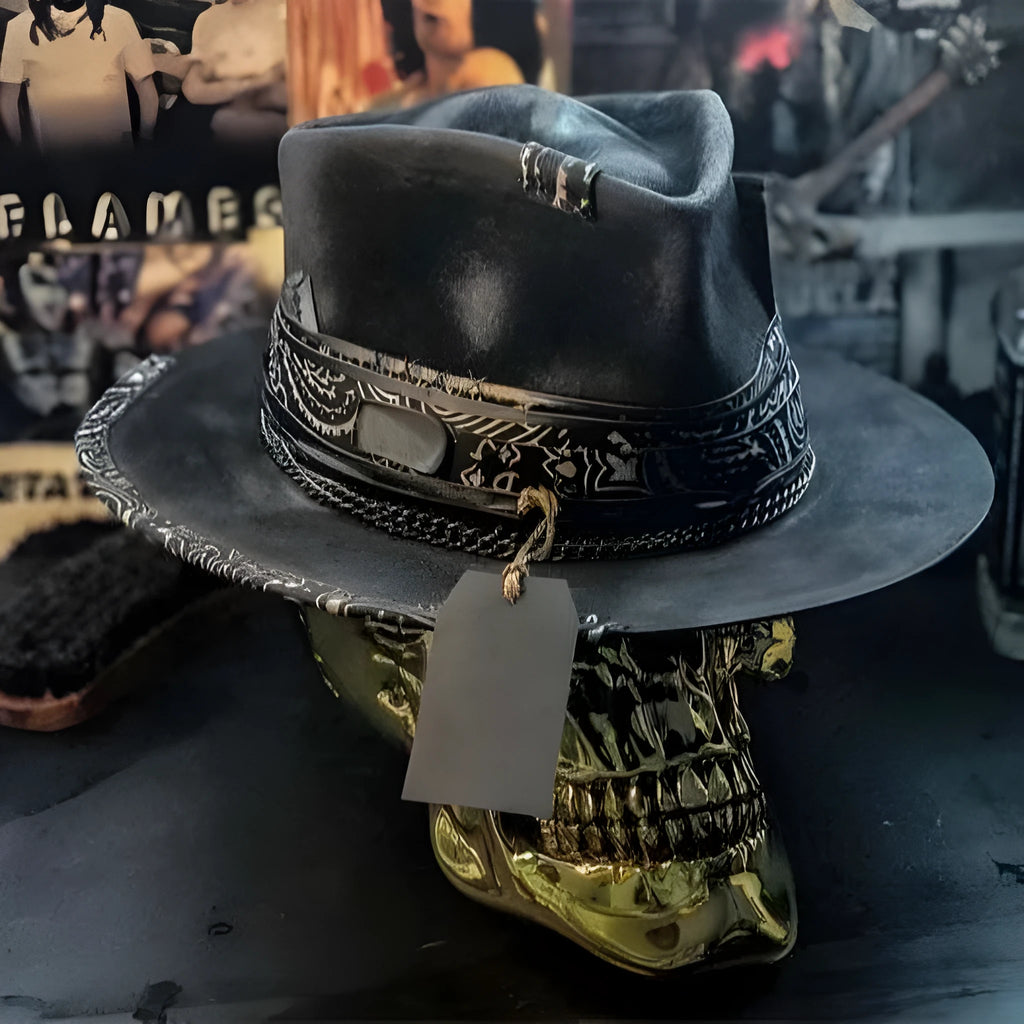 Handmade wool skull hat with conical crown design for Halloween and costume wear