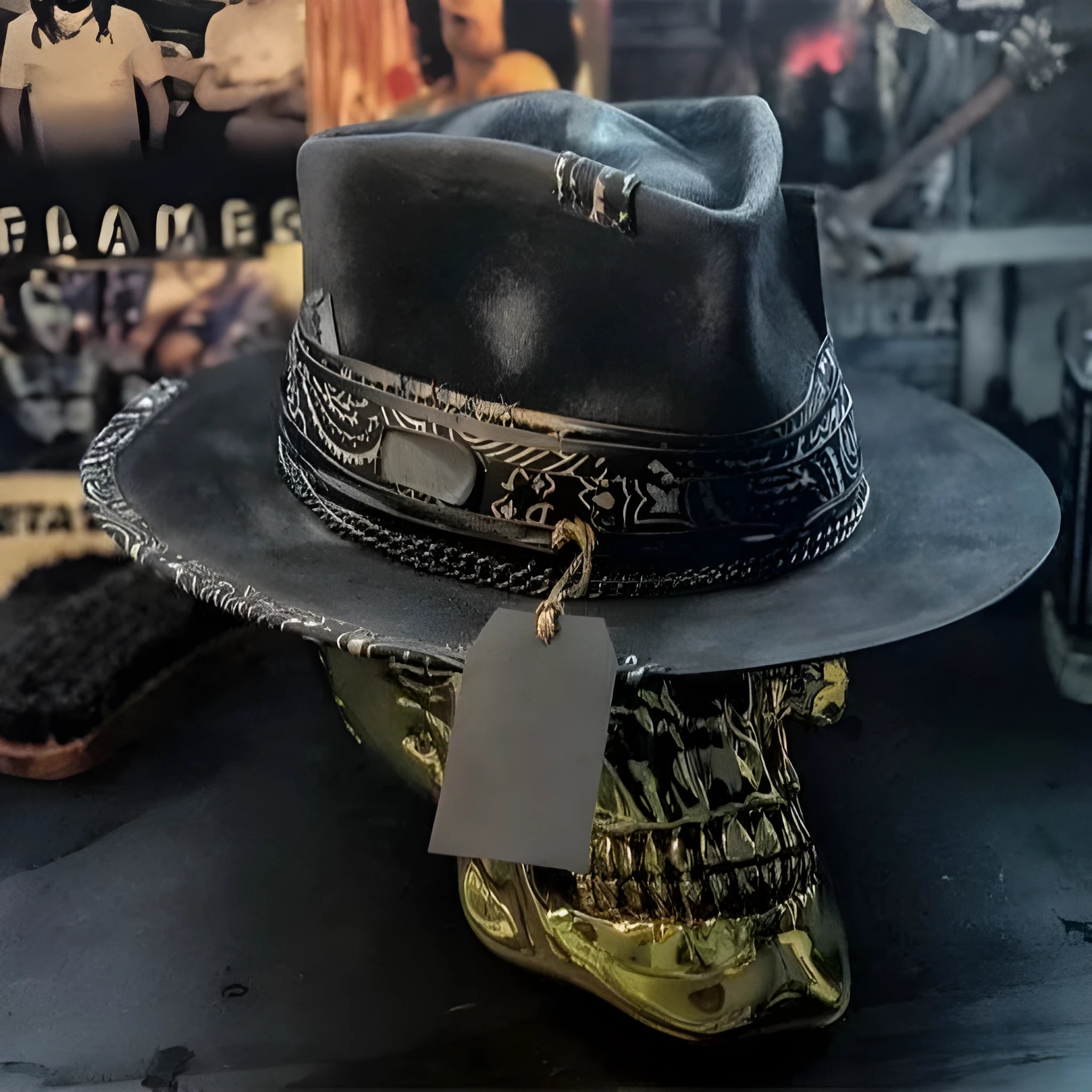 Handmade wool skull hat with conical crown design for Halloween and costume wear