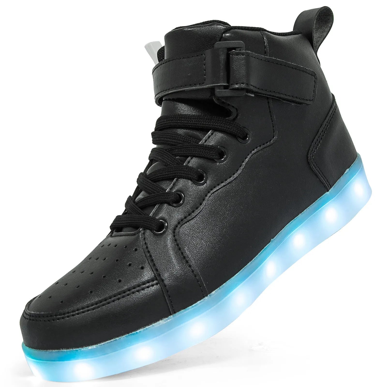 Pair of black high-top sneakers with illuminated LED lights and Velcro strap.