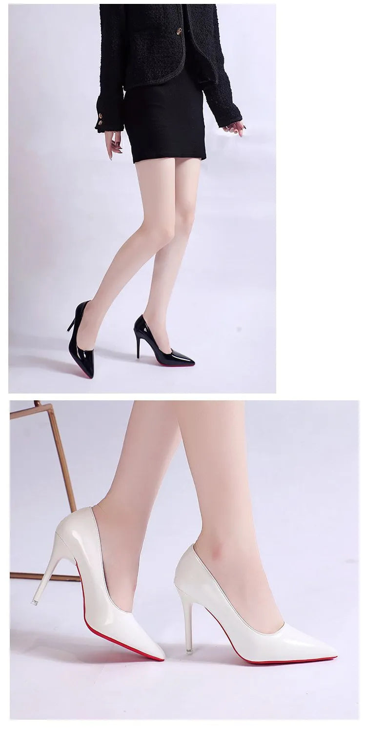 Women's black pointed toe stiletto heel pumps with a shallow mouth design on a plain background.