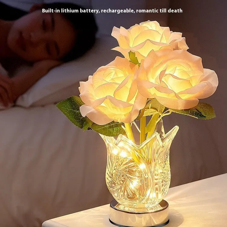 Crystal flowers design USB rechargeable table lamp with touch dimming control on wooden surface