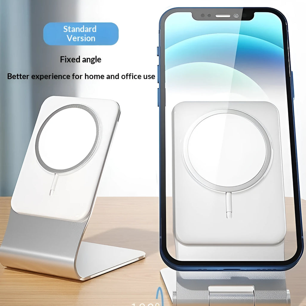 Silver aluminium alloy wireless charging stand holding a phone upright on a desk