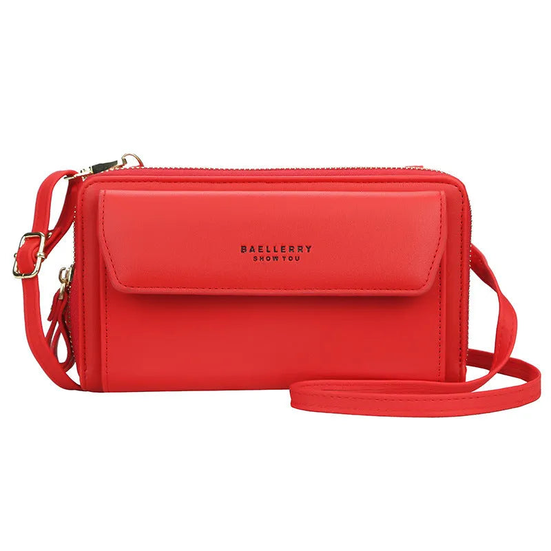 Ladies soft PU leather diagonal messenger wallet bag with double zipper in horizontal square shape