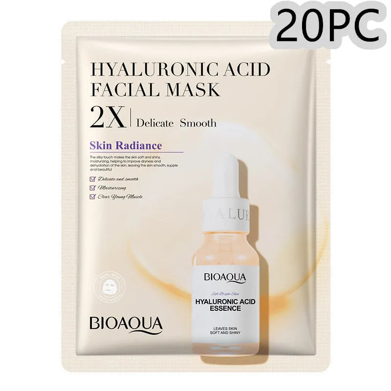 Single-use gel facial sheet mask in packaging, 30g collagen or hyaluronic acid formula.