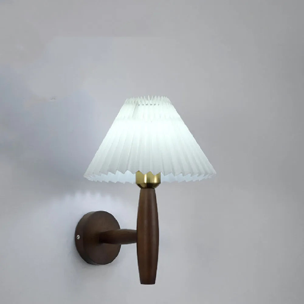 American retro style wooden wall lamp with fabric shade in walnut finish