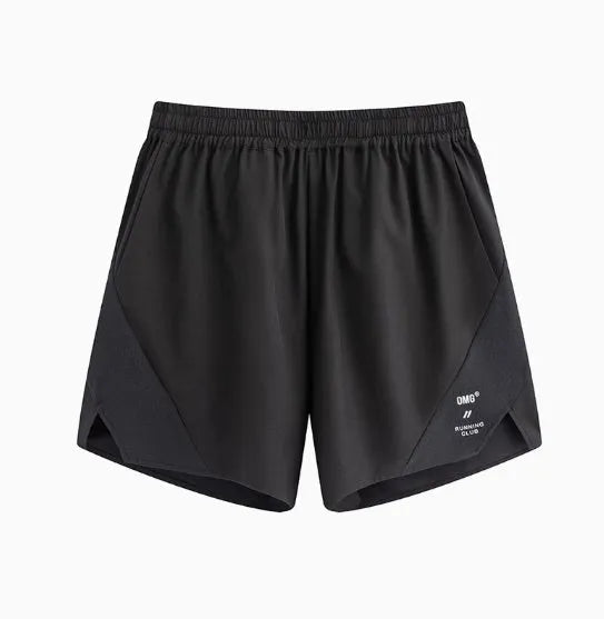 Men's black four-point stretch running shorts with laser punch stitching detail