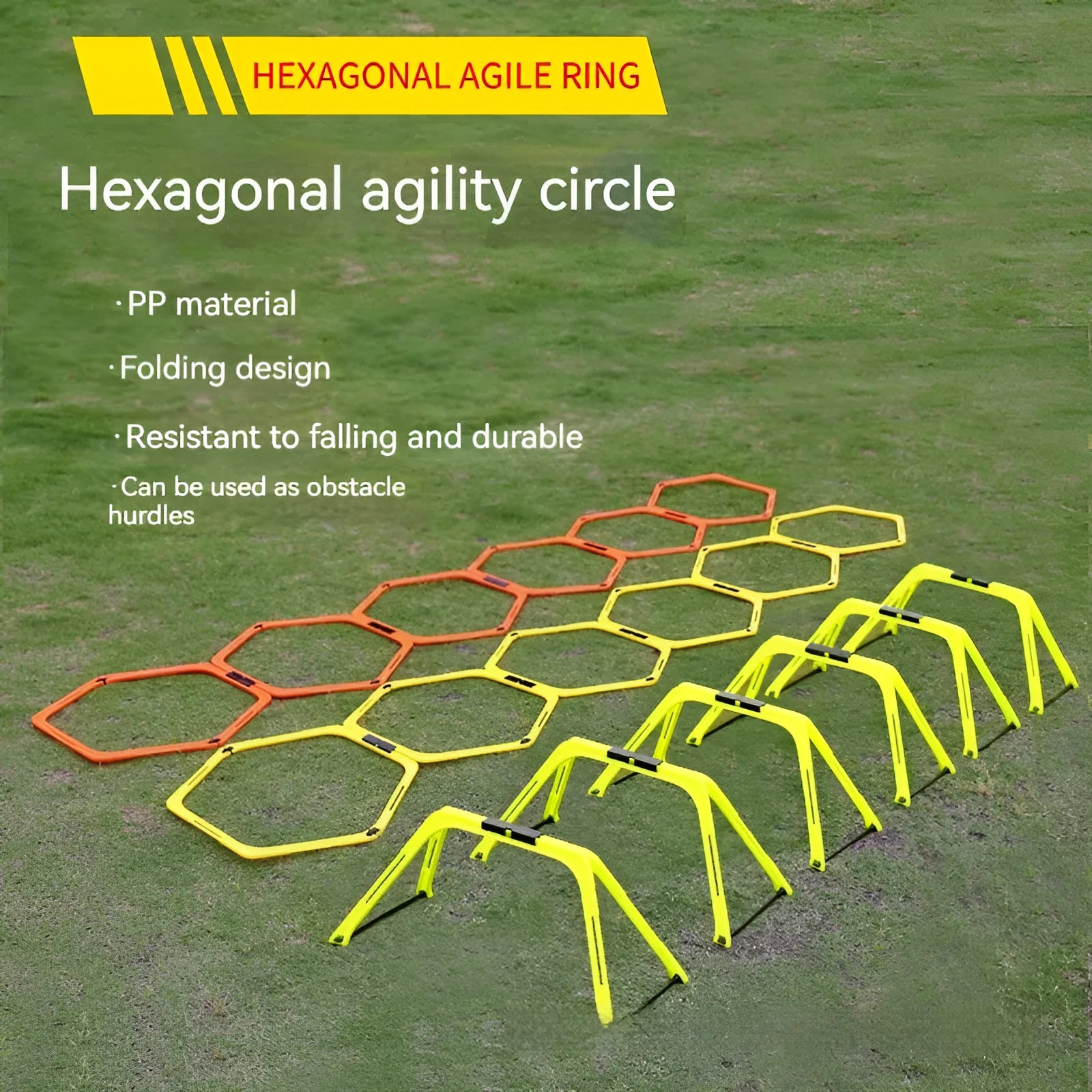 Six foldable hexagon agility training rings in yellow, green and orange colours for football drills