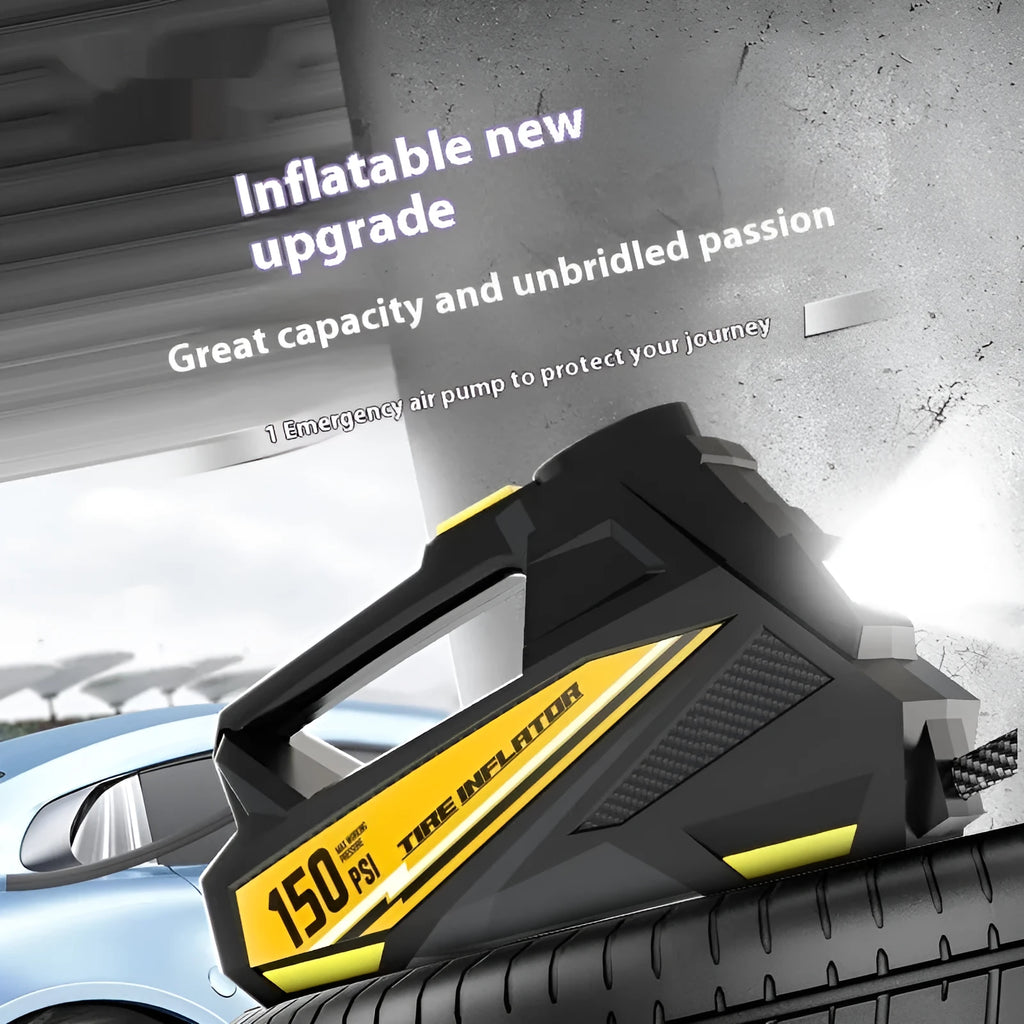 Black portable electric tyre inflator with digital display and LED lighting for vehicle and bicycle tyres
