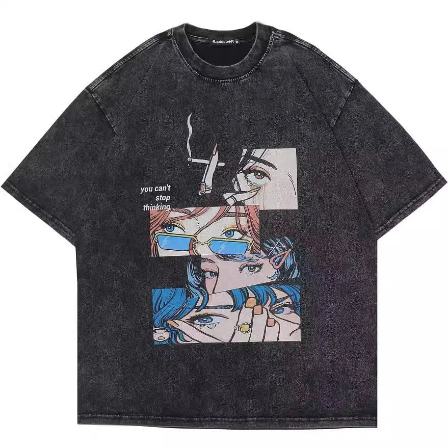 Retro style men's cotton T-shirt with cartoon digital print in loose streetwear fit