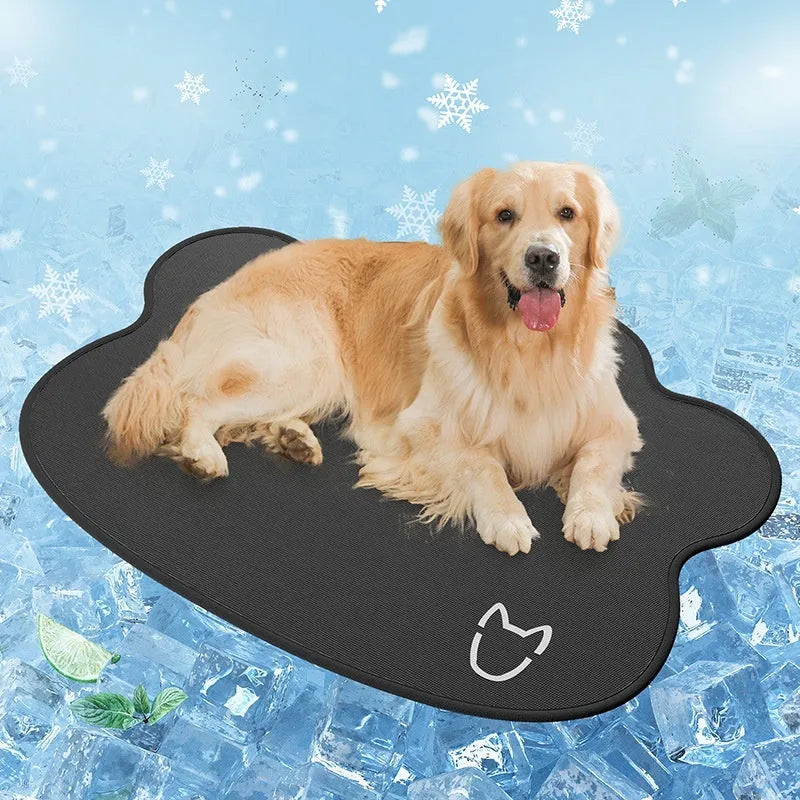 Ice silk dog cooling mat with dog head pattern in light grey, showing non-slip base and rectangular shape.