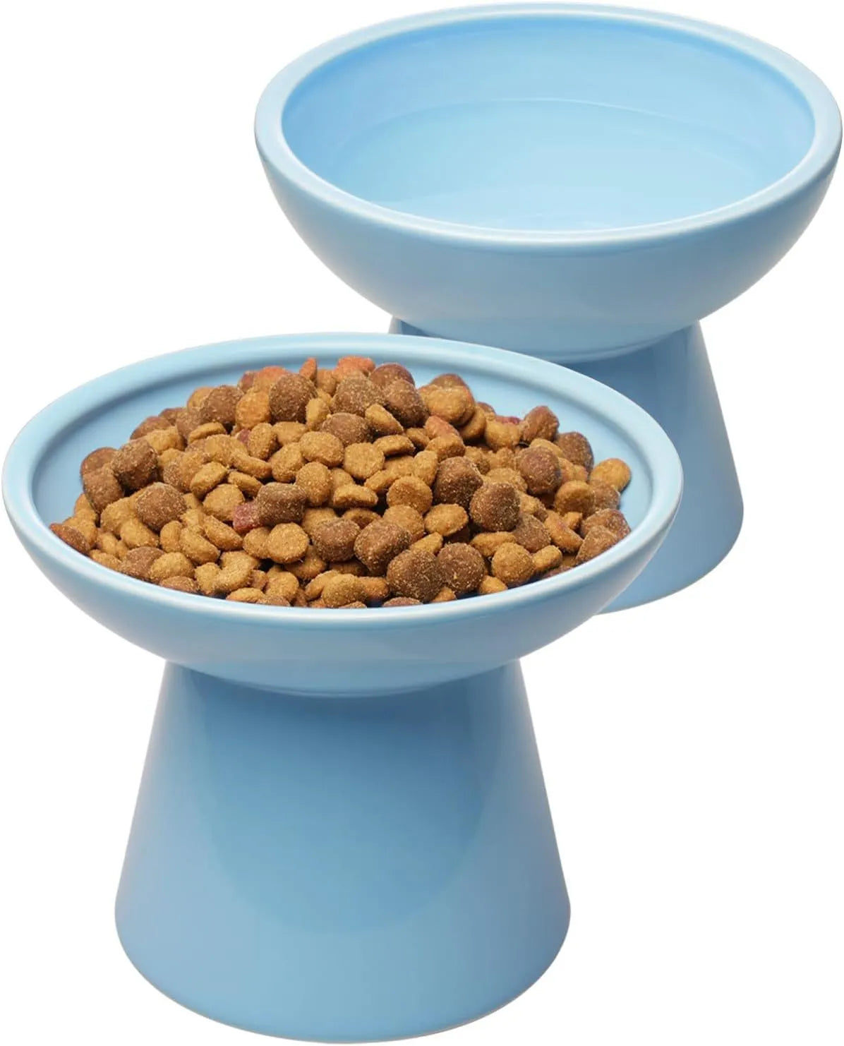 Blue ceramic elevated cat food bowl with wide shallow design next to a matching water bowl.