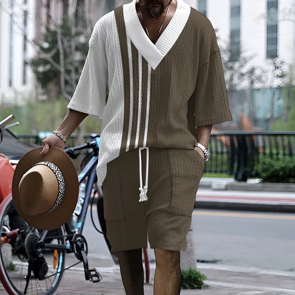 Printed drop-shoulder men's knitted short-sleeved top and matching shorts casual suit set