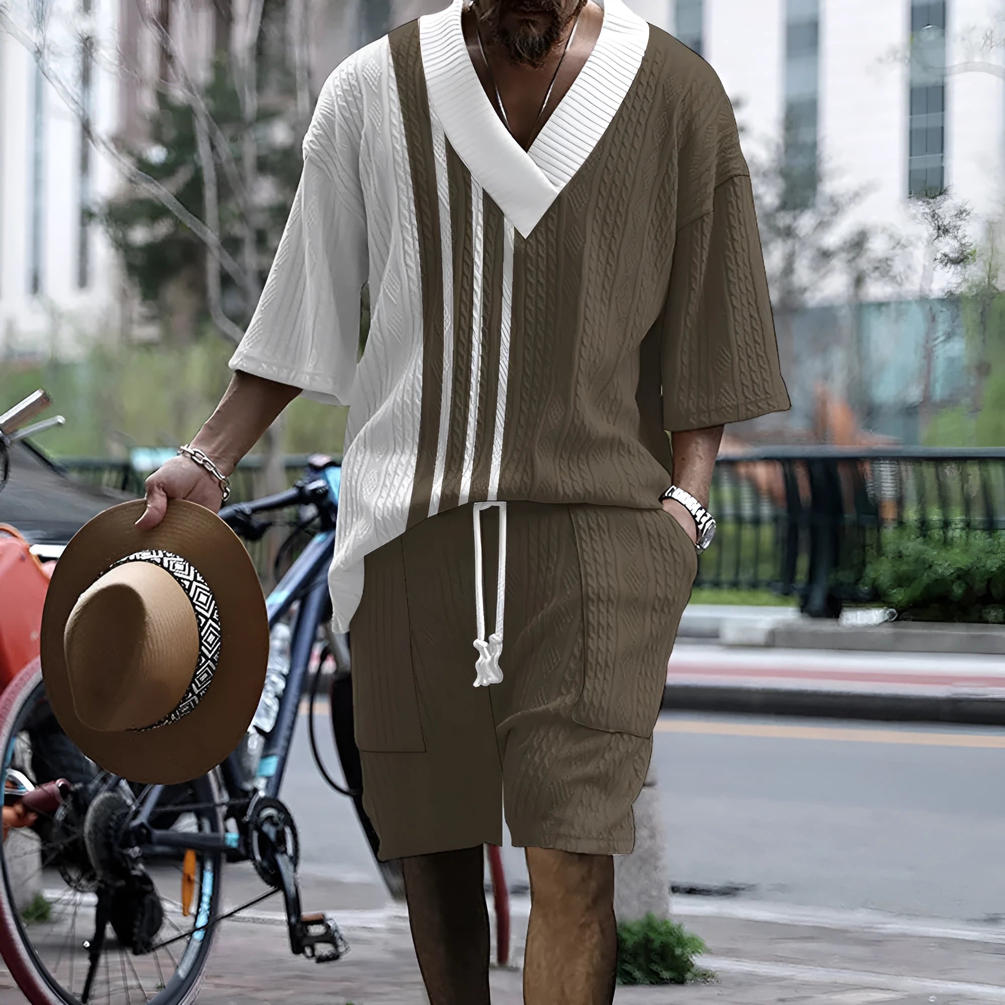 Printed drop-shoulder men's knitted short-sleeved top and matching shorts casual suit set