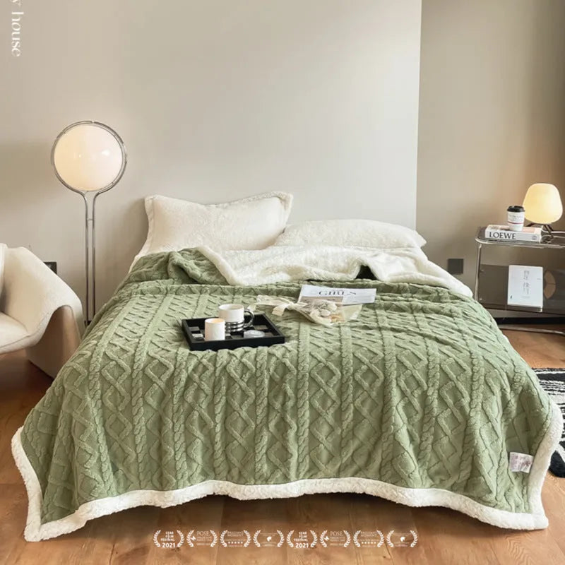 Polyester thermal flannel blanket in beige, folded to show texture and size.