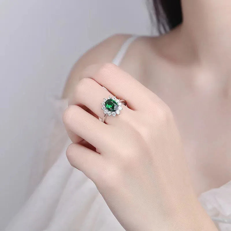 Women's blue moissanite flower ring in copper with zirconium stones on hand