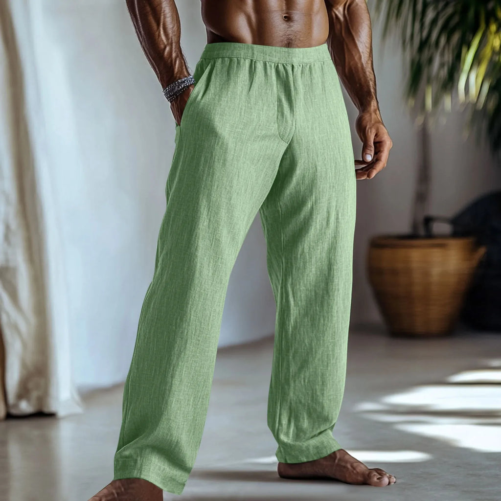 Cotton and linen straight-leg casual trousers with side pockets in light green colour