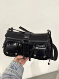 Black PU women's baguette shoulder bag with adjustable strap showing compact rectangular shape