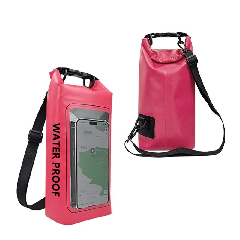 Black waterproof crossbody PVC bag for mobile phones, shown in 2L and 5L sizes.
