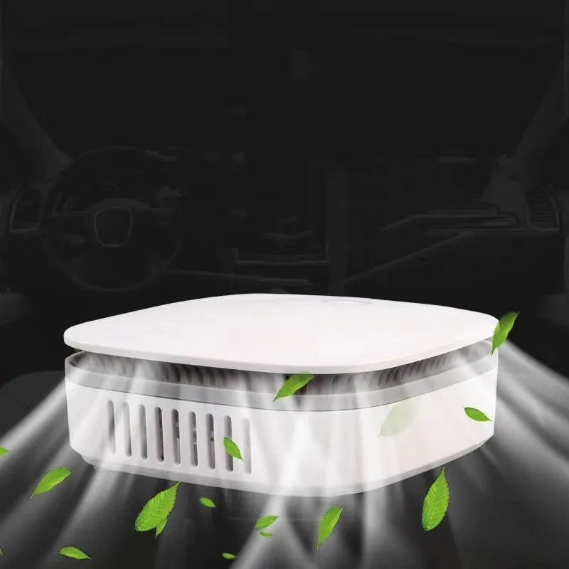White USB-powered air purifier with negative ion sterilisation for car and small space use