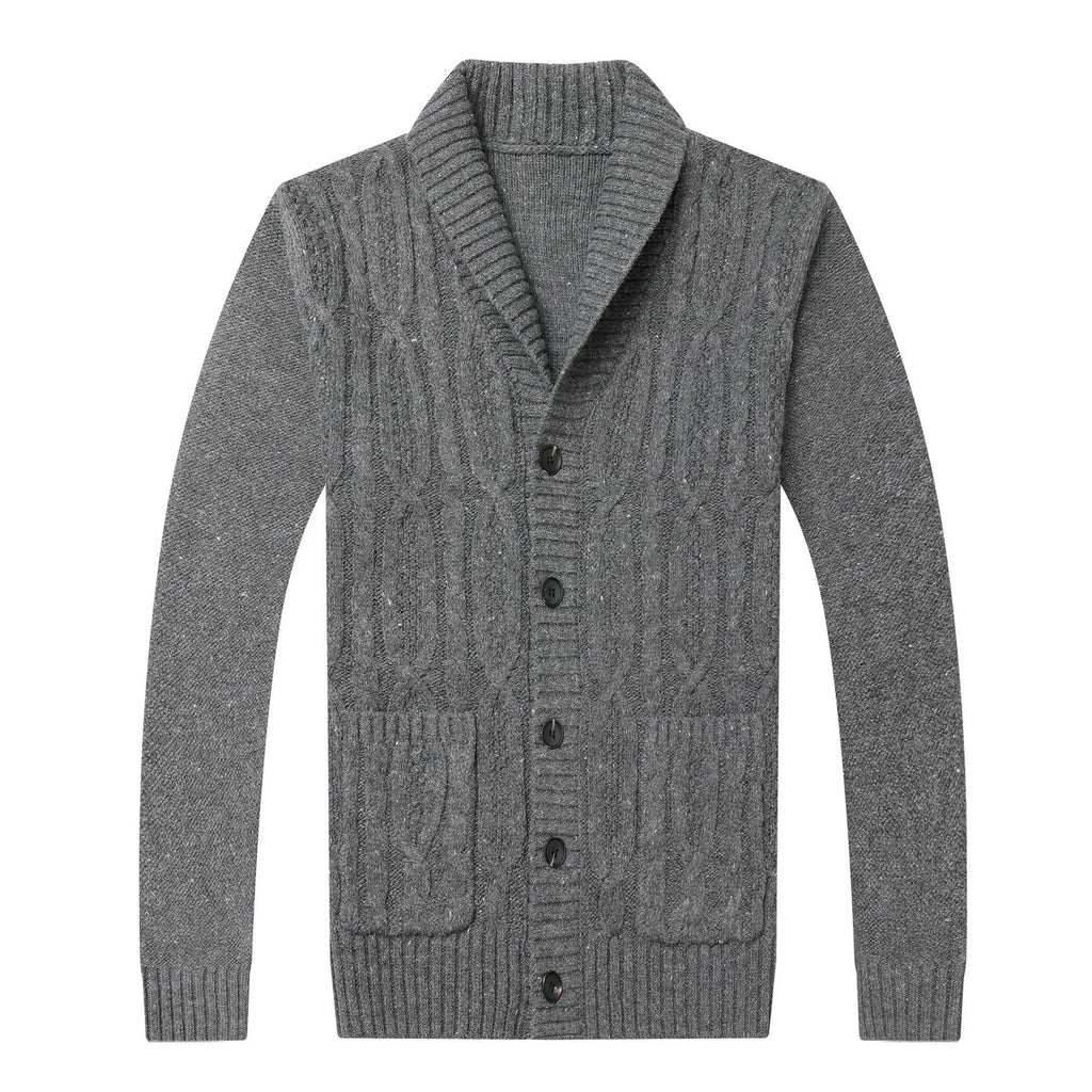Men's knitted cardigan in jacquard pattern, shown in a neutral colour with a straight cut and open front.
