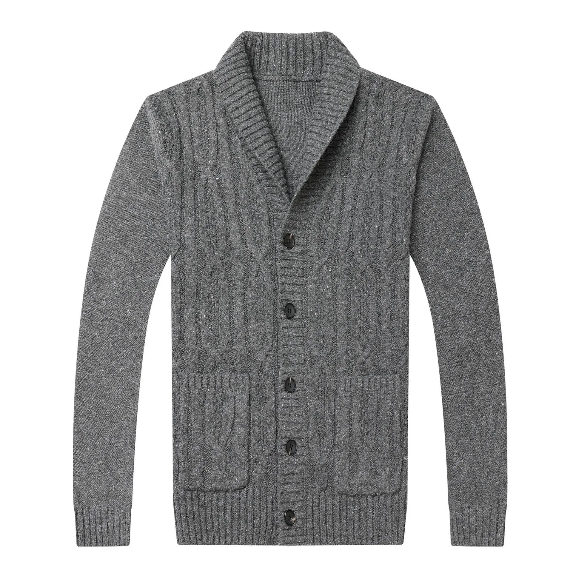 Men's knitted cardigan in jacquard pattern, shown in a neutral colour with a straight cut and open front.