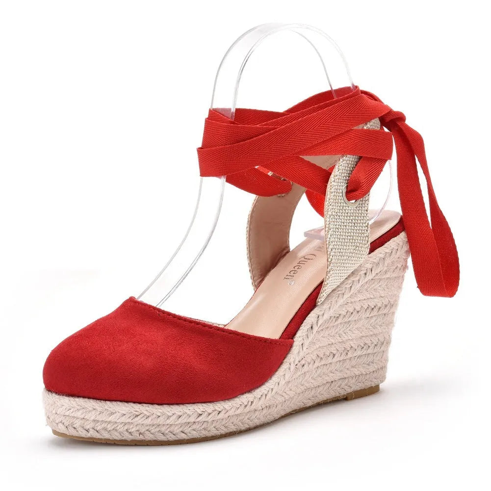 Women's apricot bohemian wedge sandals with beaded tassels and a buckle strap on a 10.5cm heel.