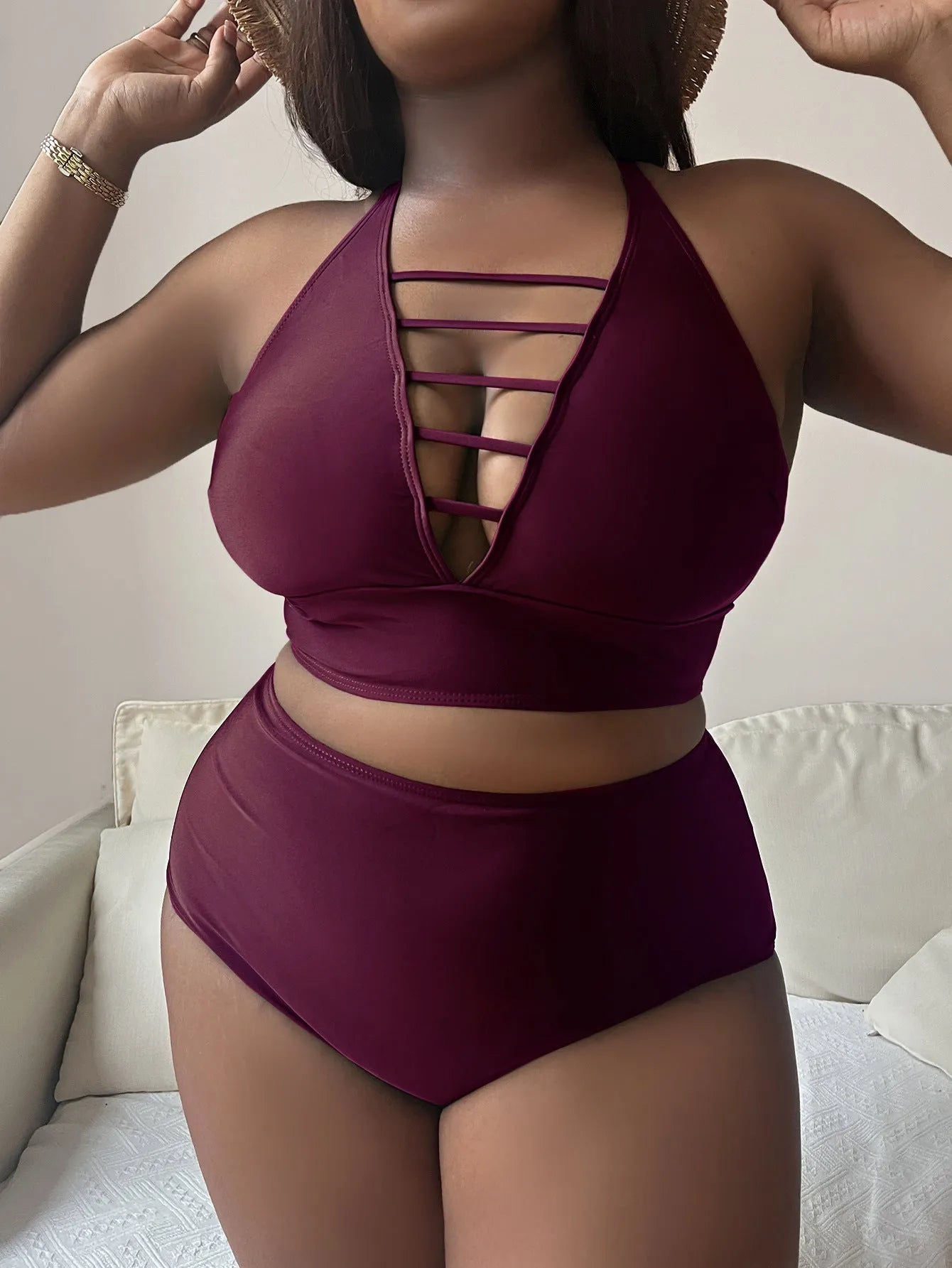 Plus size women's halter bikini set with adjustable cross straps and high waist briefs in solid colour