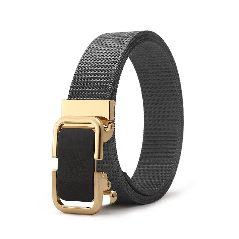 Men's nylon canvas belt in army green with an alloy buckle, laid flat showing 120cm length.
