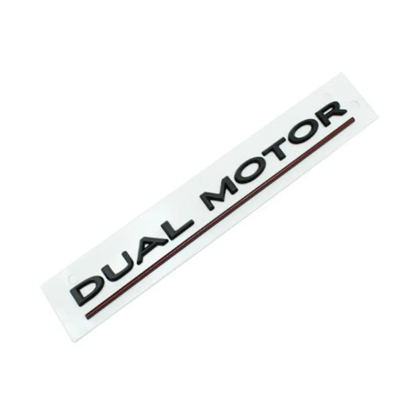 Tesla Model 3 Performance rear bumper sticker in ABS plastic, 19cm by 3cm, shown in matte black and stripe variants.