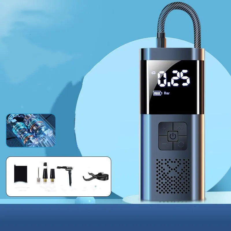 Wireless portable electric car tyre inflator with digital display and long hose
