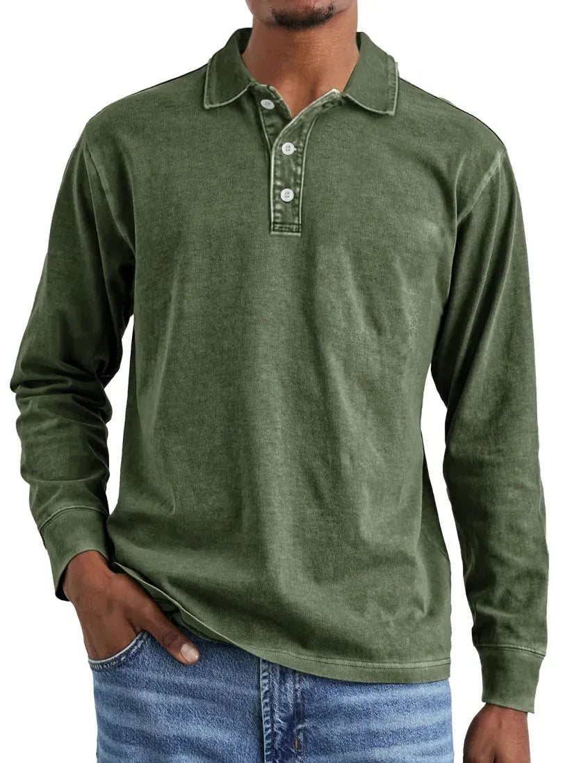 Retro washed distressed cotton lapel polo shirt in long sleeve design on mannequin