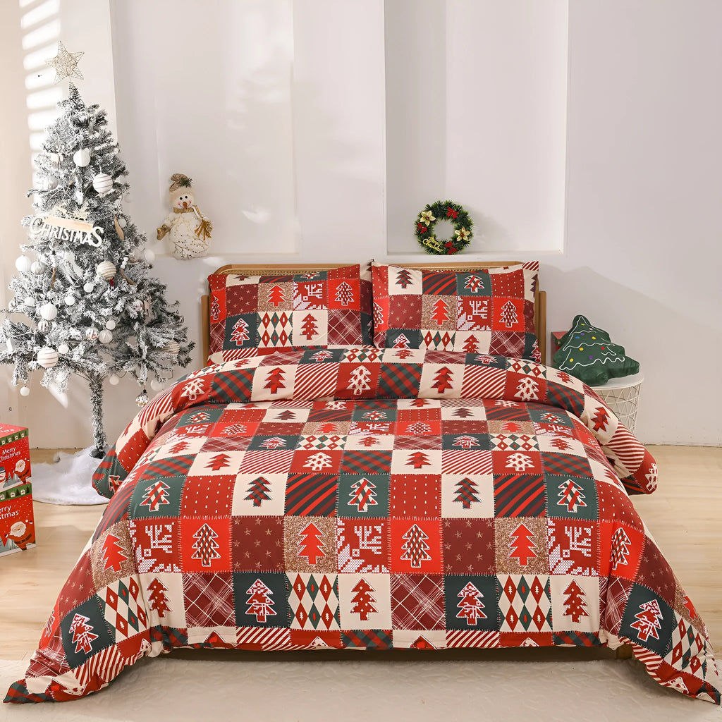 Red and white plaid Christmas bedding three-piece set including quilt cover and pillowcases