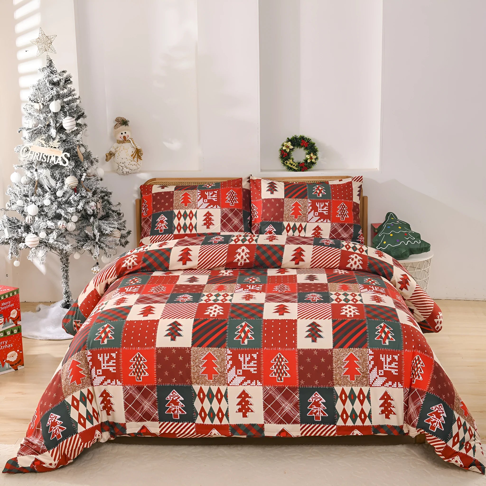 Red and white plaid Christmas bedding three-piece set including quilt cover and pillowcases