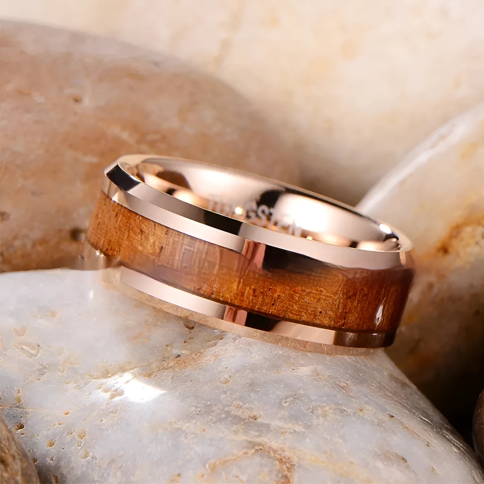 Men's tungsten ring with wood and leather Ugyen design on an 8mm rose gold band