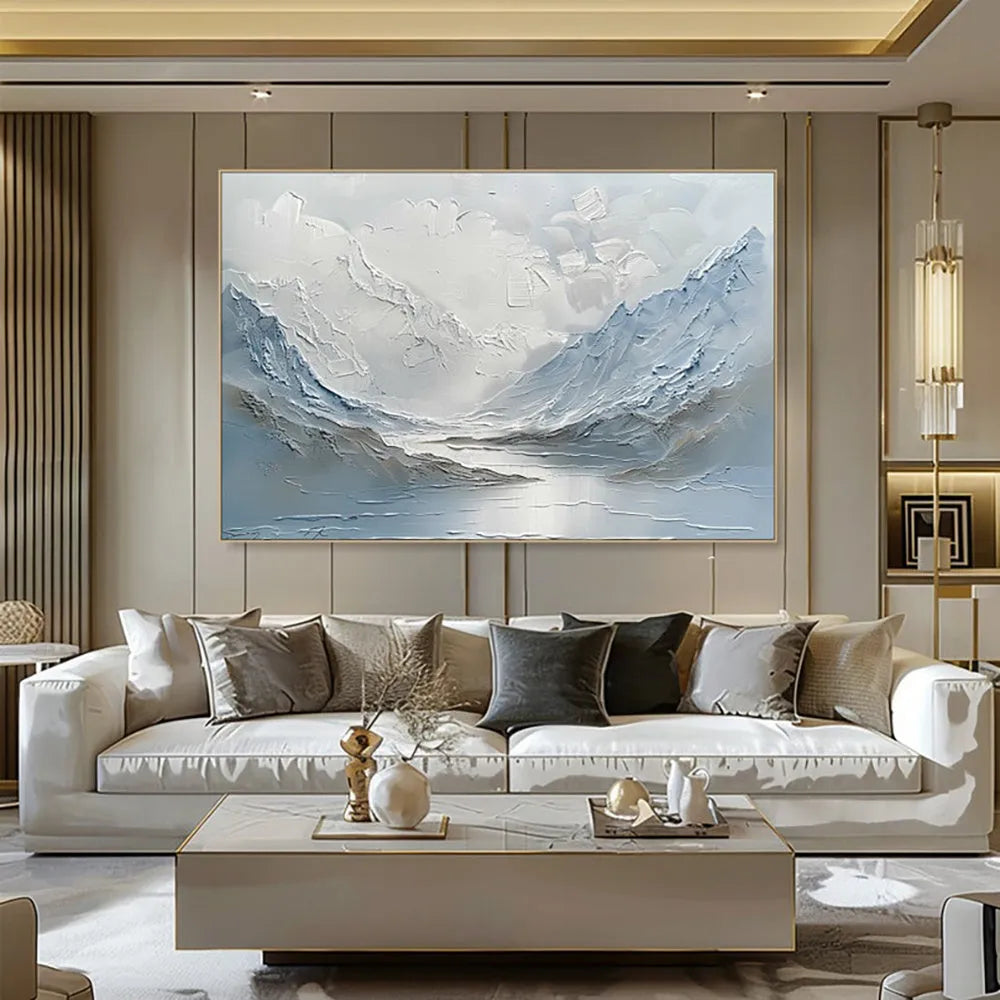 Handpainted light blue and white mountain lake scenery thick canvas oil painting vertical modern unframed wall art