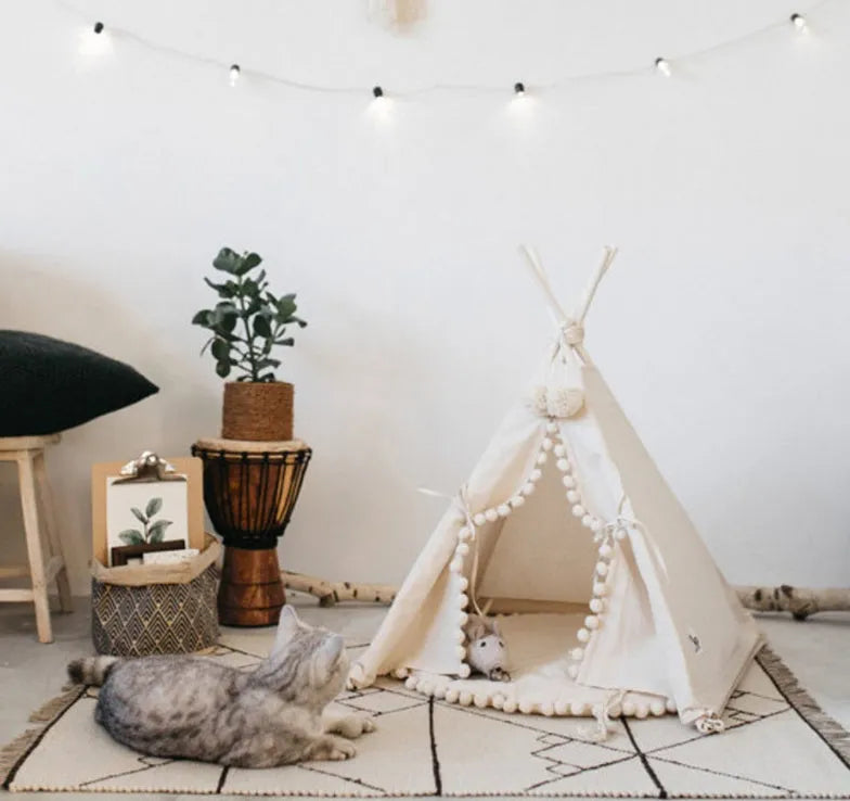 Canvas pet tent bed in teepee style with pine wood frame and removable cushion, suitable for cats and small dogs, size L shown.